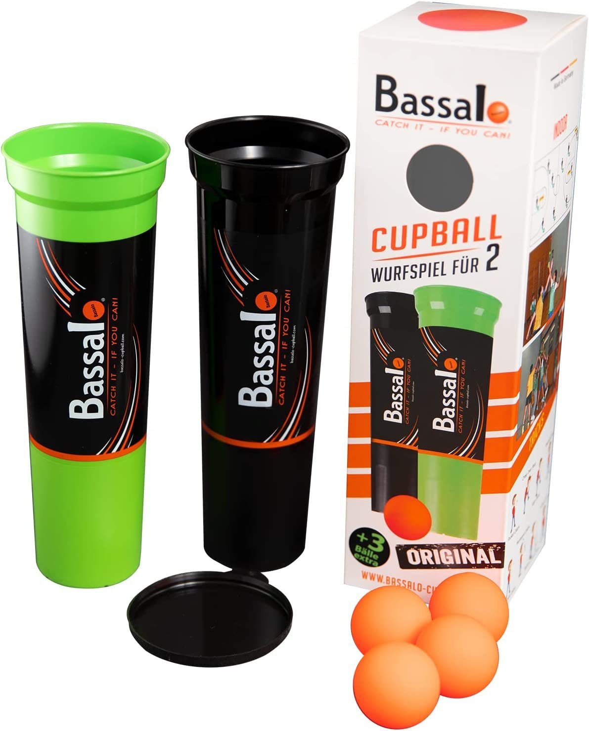Bassalo Spielball Cupball 2er Starter-Set Plus - 2 Becher, 4 Bälle, Spielanleitung, Outdoor und Indoor, Made in Germany