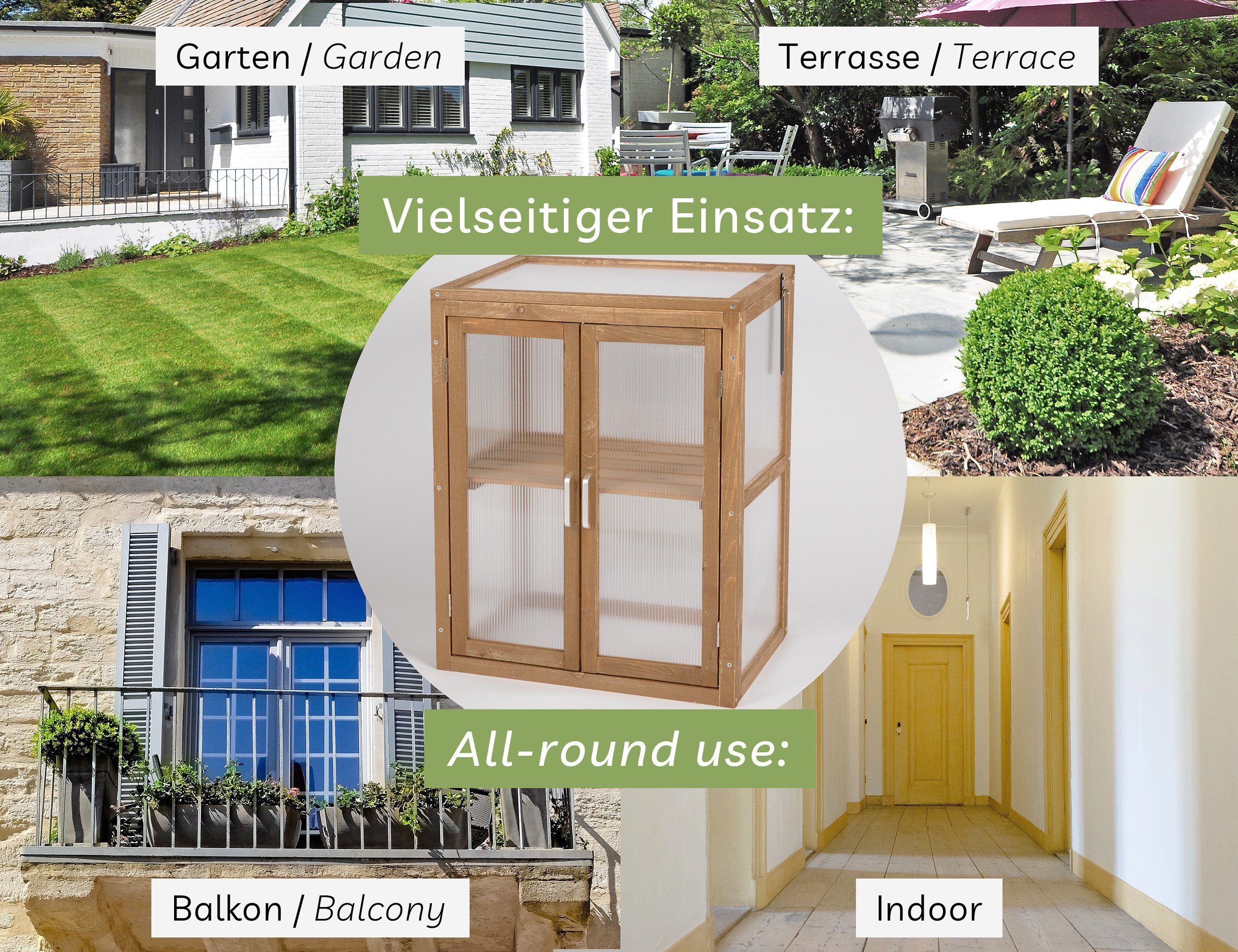 needs&wants® Gewächshaus Mini Treibhaus klein winterfest aus Holz für Balkon Garten Zimmer Indoor, Frühbeet Hochbeet Anzucht Aufzucht von Pflanzen Pflanzschrank Anzuchthaus, 56x43x76 cm, Polycarbonat, braun