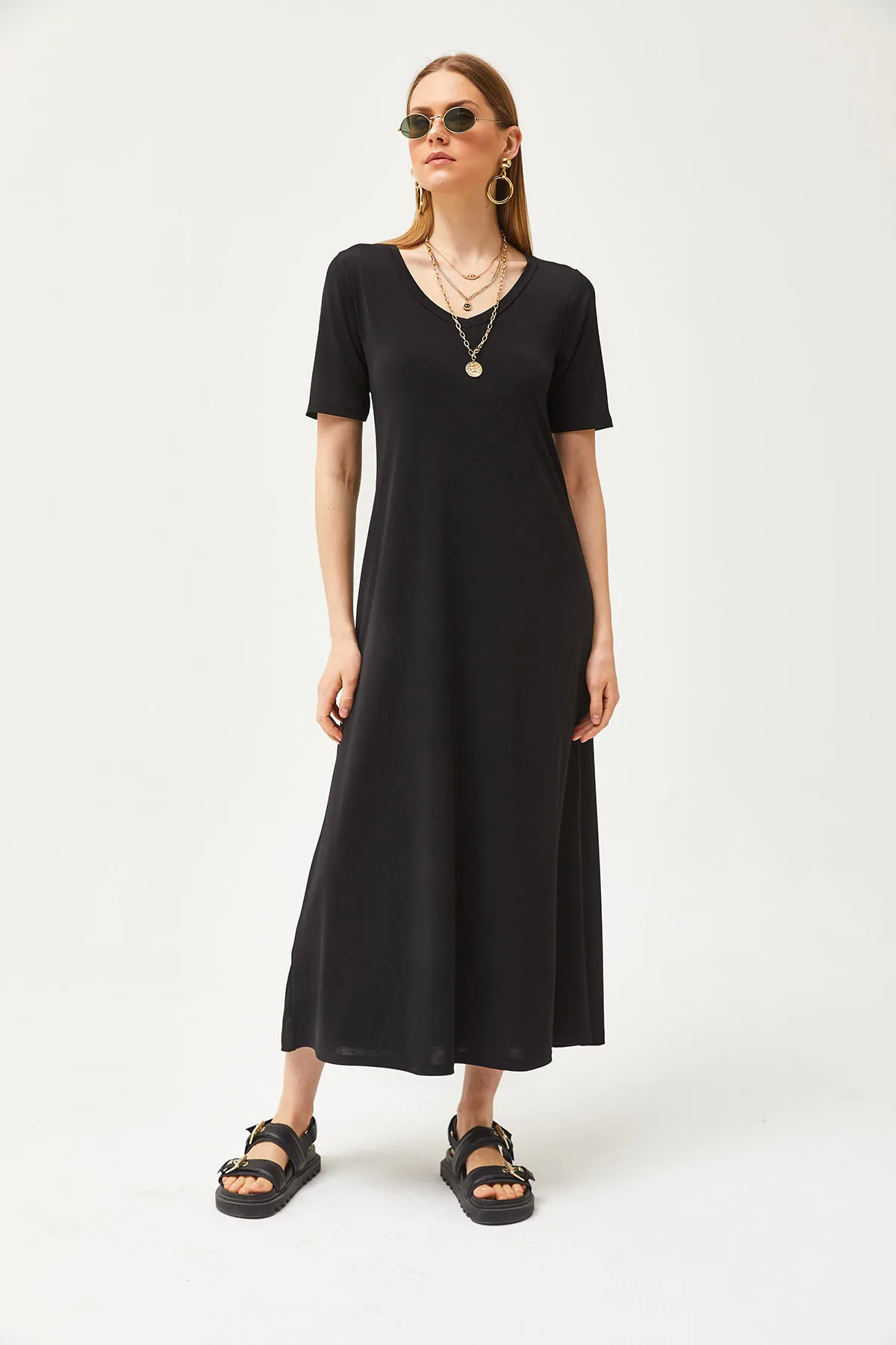 Olalook  Schwarzes lässiges Maxikleid mit V-Ausschnitt für Damen ELB-19002076