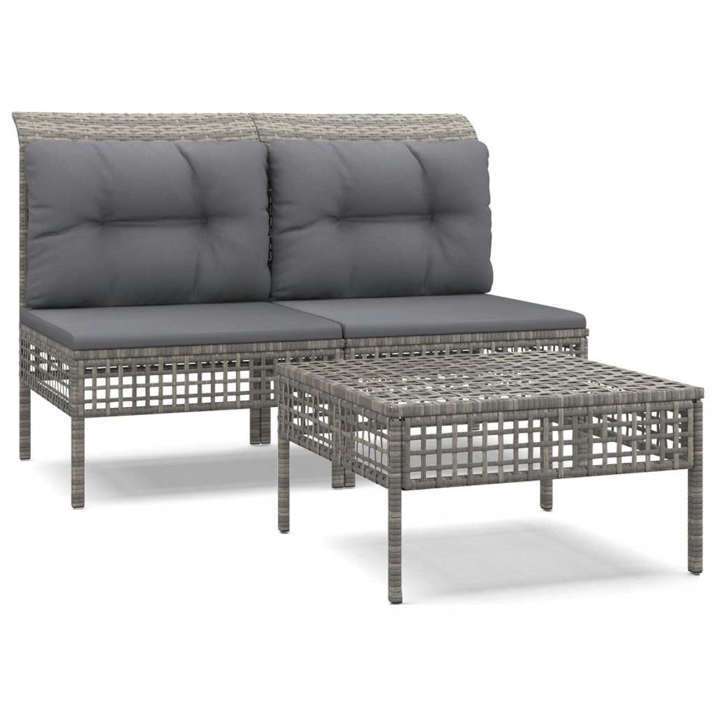 vidaXL Gartenlounge-Set 3-tlg. Garten-Lounge-Set mit Kissen Grau Poly Rattan, (1-tlg)