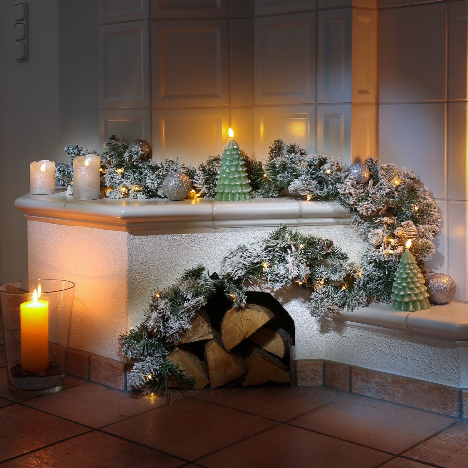MARELIDA LED-Girlande LED Tannengirlande Schneeoptik Timer Batterie Weihnachten Außen, 50-flammig