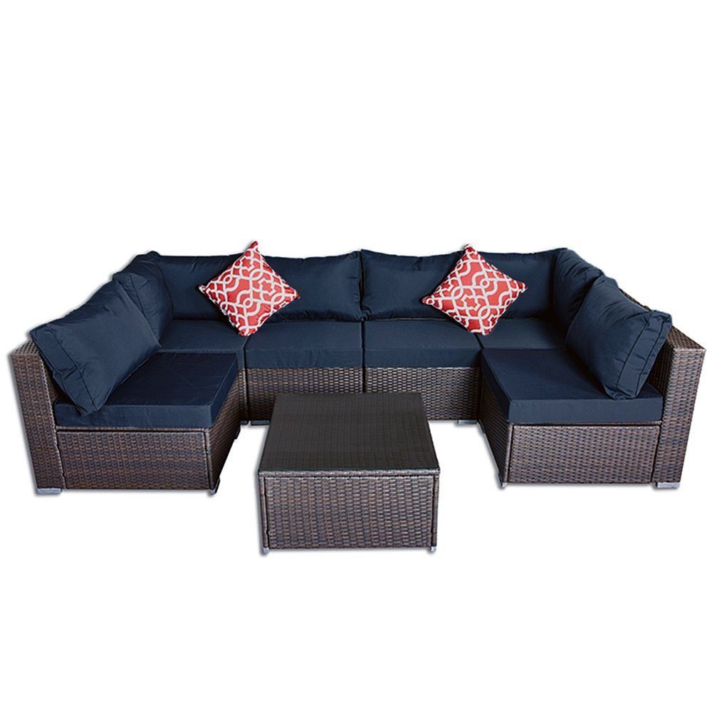 Melko Gartenlounge-Set Rattanmöbel Gartengarnitur Gartenmöbel Sitzgruppe Sofa in Braun Blau Schwarz Rot Sitzkissen Lounge Polyrattan Möbel Sitzgarnitur Garnitur Garten Set Couch Gartenset Terrassenmöbel Essgruppe XXL Marineblau, (Stück), mit bequemer