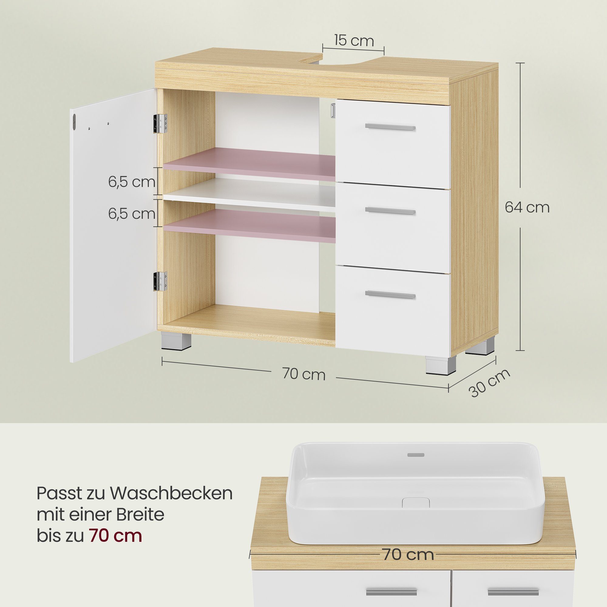 VASAGLE Waschbeckenunterschrank 3 Schubladen, mit Füßen, 30 x 70 x 64 cm