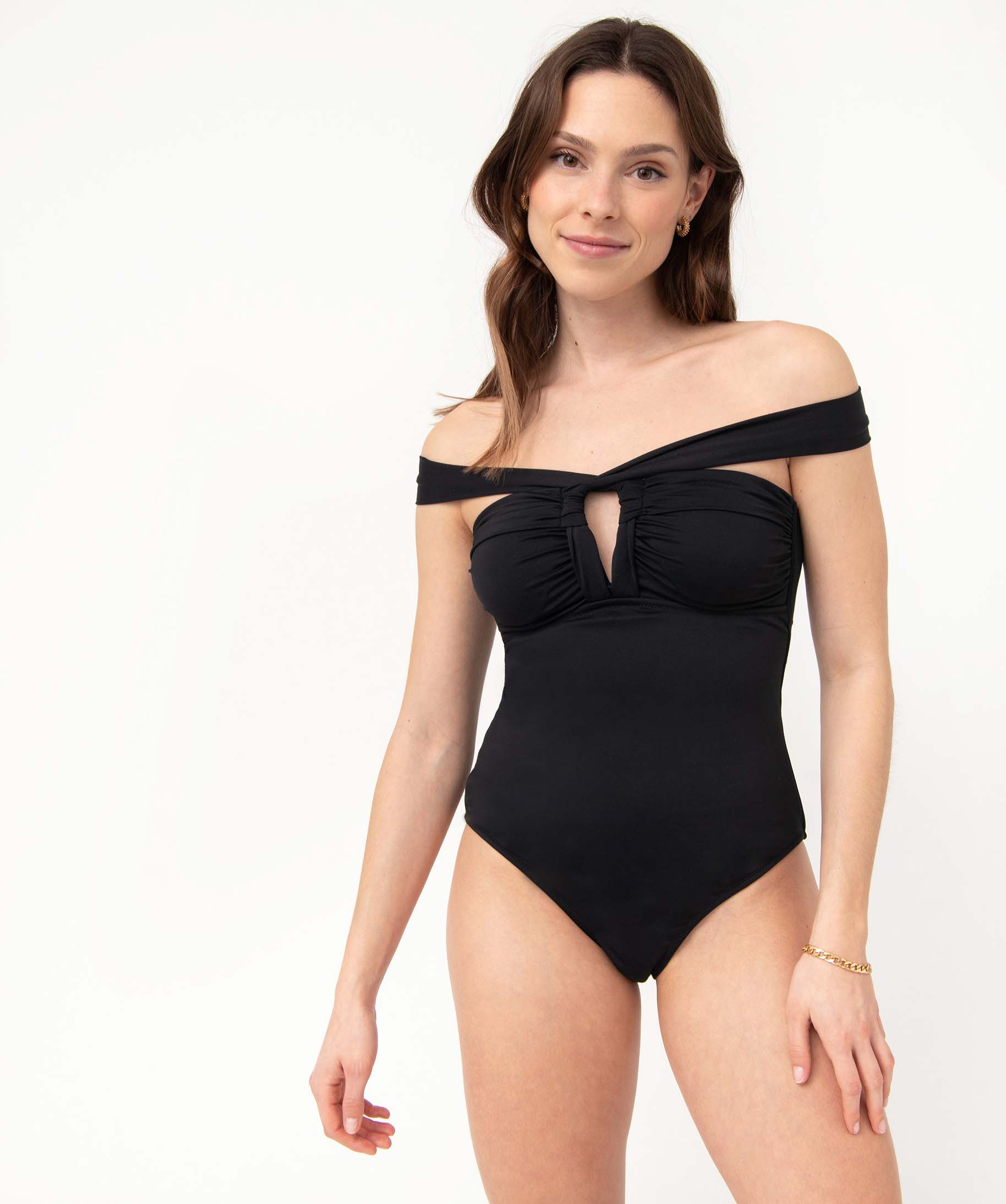 Maillot de bain femme 1 pièce bandeau avec liens tour de cou noir | GEMO