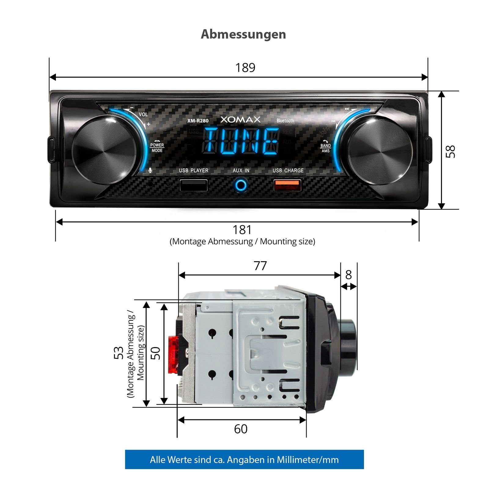 XOMAX XM-R280 Autoradio mit Bluetooth, 2. USB mit Ladefunktion, Aux, 1 DIN Autoradio