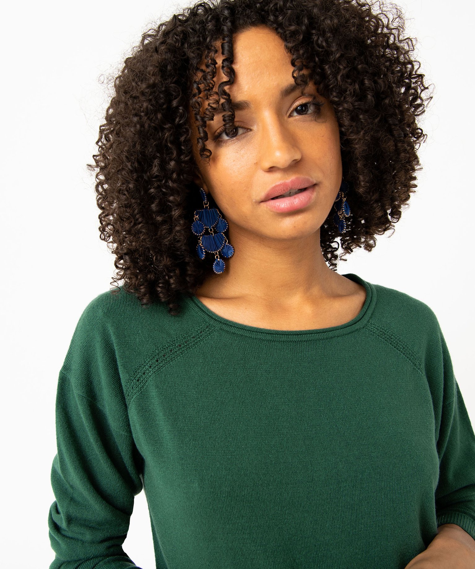 Pull à col rond finitions roulottées femme vert | GEMO