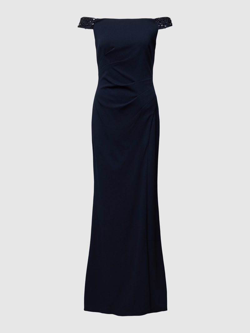 Abendkleid mit Carmen-Ausschnitt in marineblau