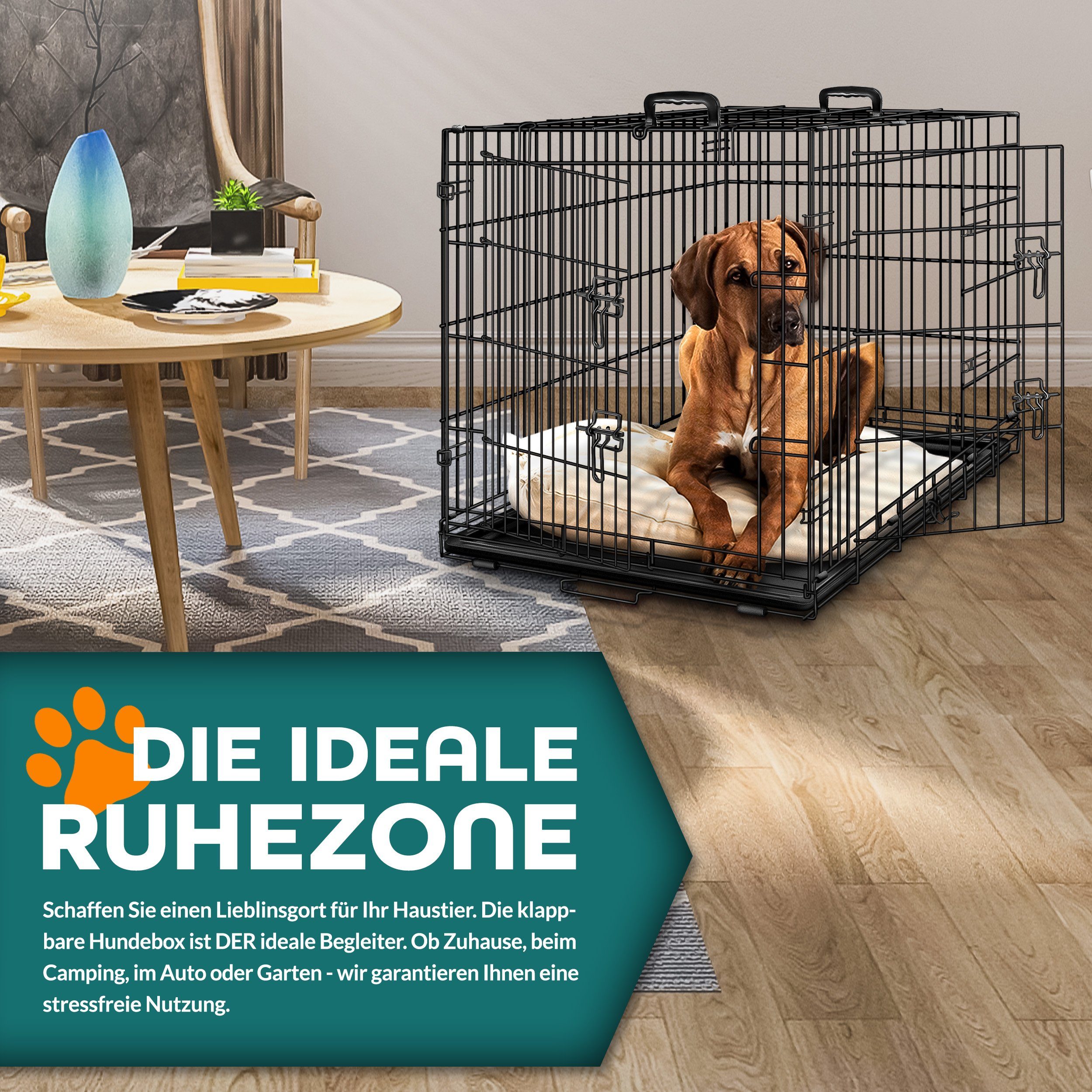 TRESKO Hundekäfig Metall Transportkäfig Auto faltbar mit 2 Türen, Hundebox mit Bodenschale, Transportbox Drahtkäfig