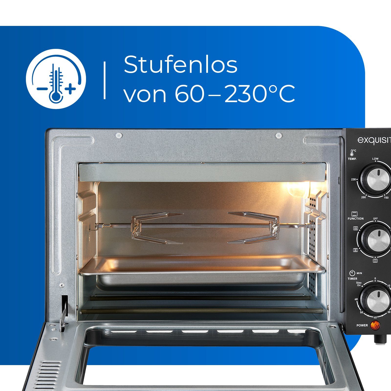 exquisit Minibackofen MO 3302 sw, 1500 Watt Minibackofen, inkl. Timer und motorischer Drehspieß