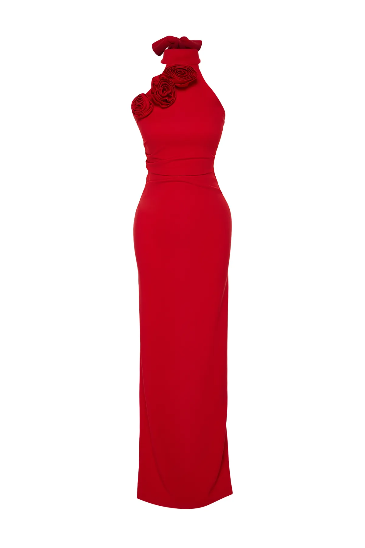 Trendyol Collection  Rotes, figurbetontes, langes, elegantes Abendkleid aus Webstoff mit Rosendetails TPRSS24AE00011