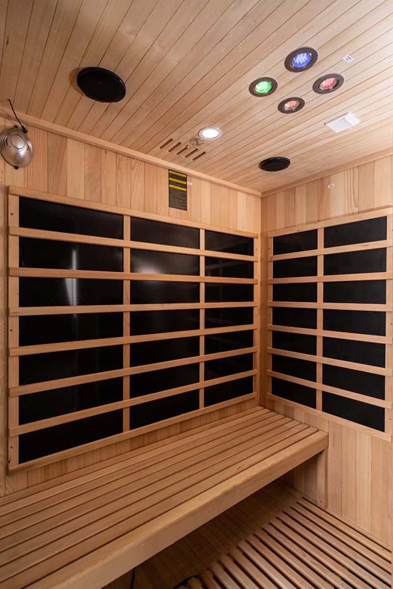 PureHaven Infrarotkabine 150x110x195 cm aus kanadischem Hemlock-Holz Bluetooth-Soundsystem Timer Lichttherapie in 4 Farben digitale Steuerung