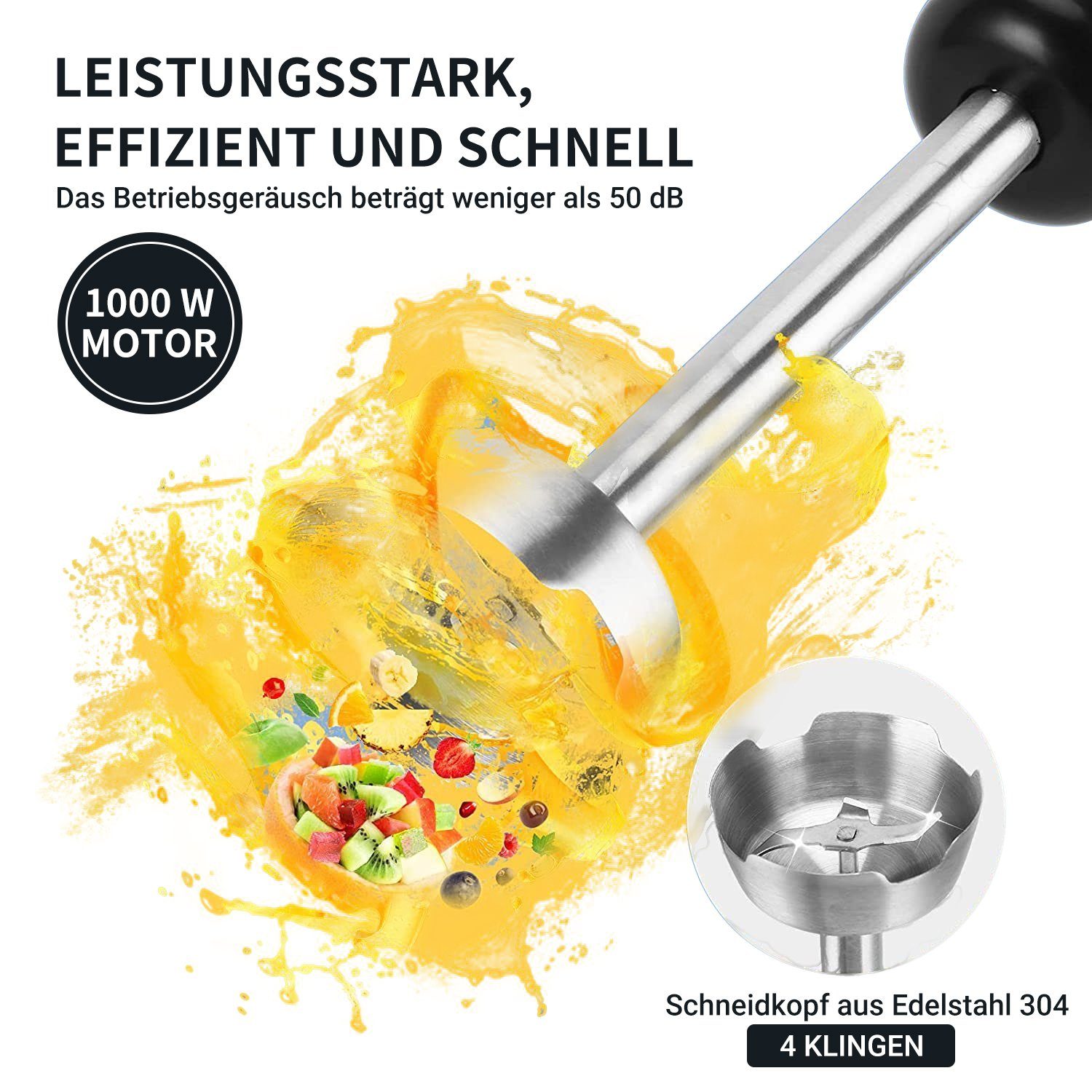 Yaviel Stabmixer Pürierstab Set Elektrische Kabellos 5 in 1 Mixstab Hand Blender Mixer, Edelstahl 1000w Handmixer Zauberstab mit 12 Geschwindigkeitsstufen