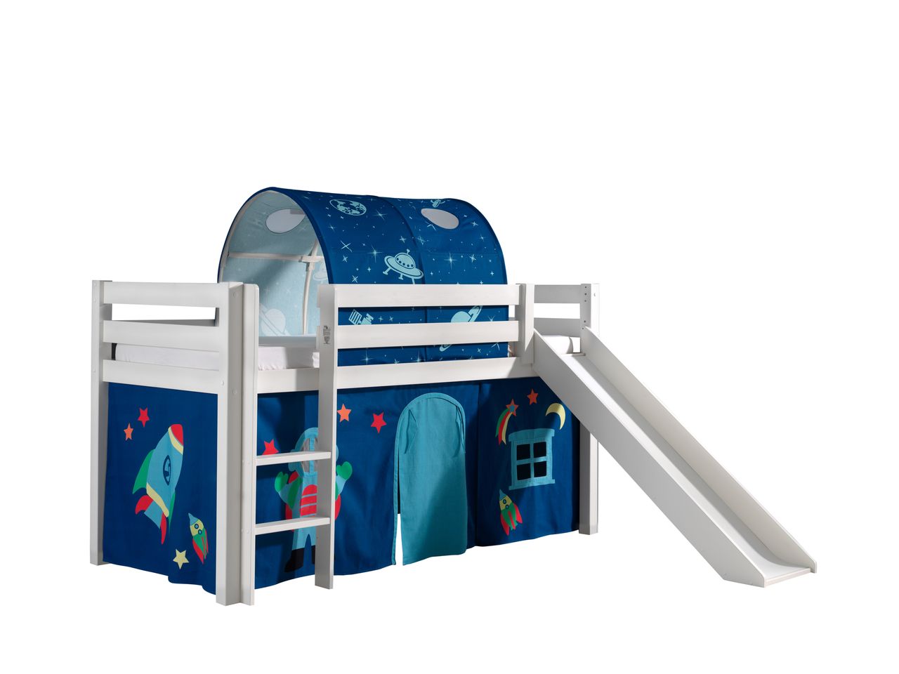 VIPACK Spielbett Pino inkl. Rutsche mit Textilset Vorhang und Tunnel 