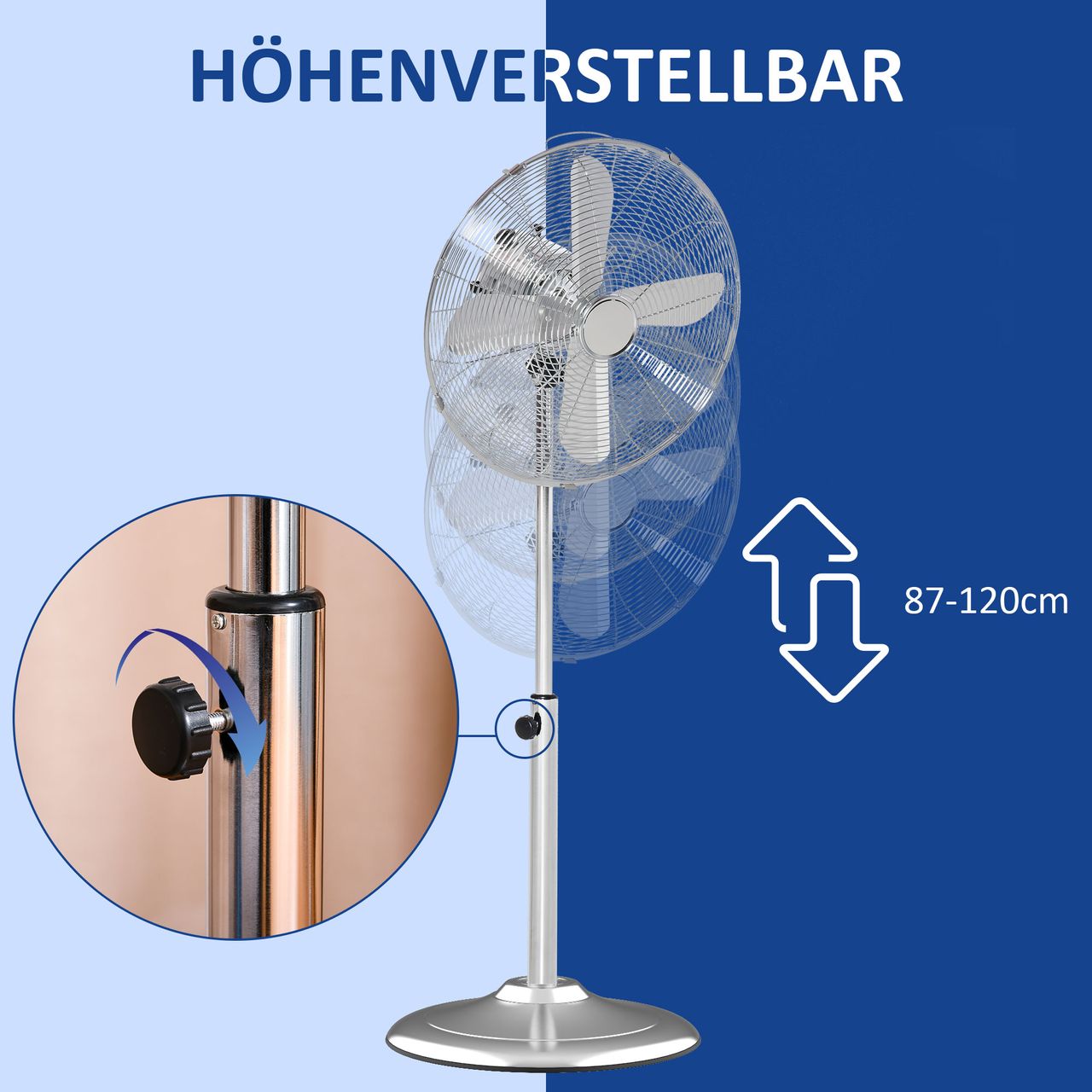 HOMCOM 120 cm Standventilator, Ventilator, Höhenverstellbarer Lüfter, 3 Geschwindigkeitsstufen, Verstellbarer Neigungswinkel, Stahl, Silber
