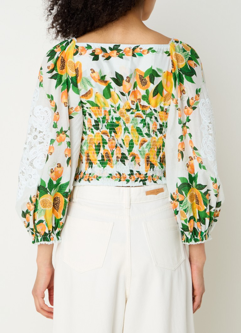 Farm Rio Papaya Salad crop top with print and openwork design