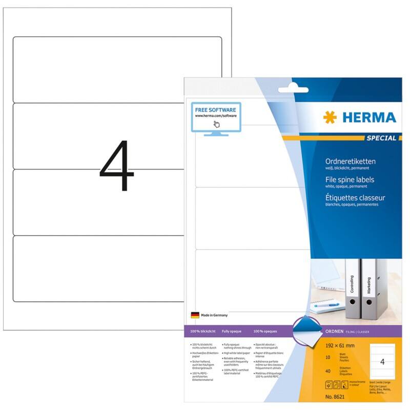 HERMA Ordneretiketten 8621 Weiß DIN A4 61 mm 10 Blatt à 4 Etiketten