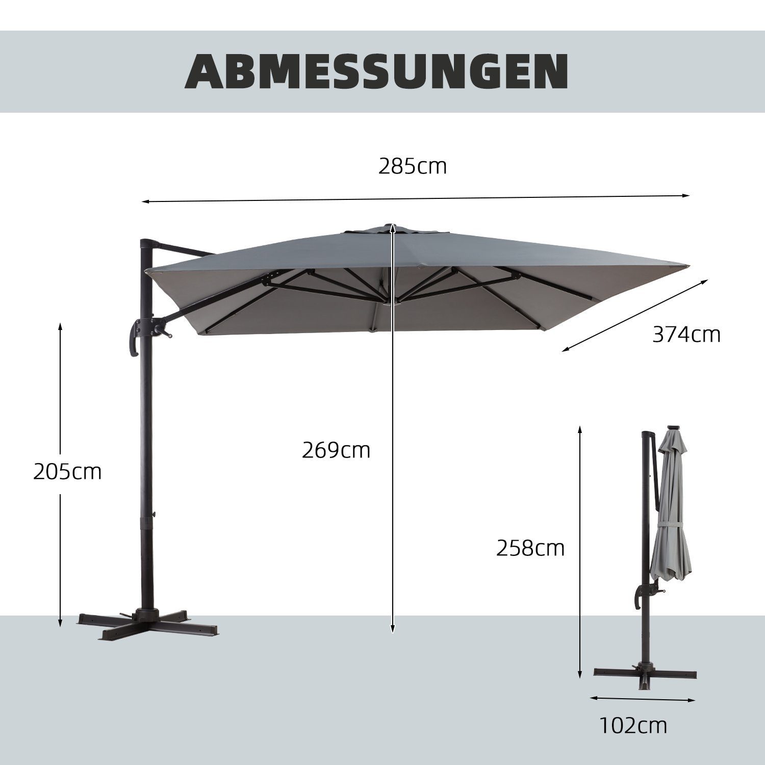 EROMMY Sonnenschirm Rechteckiger Terrassenschirm für Garten und Balkon, LxB: 374,00x285,00 cm, 360° drehbar, 5-fach verstellbar, ohne Schirmständer