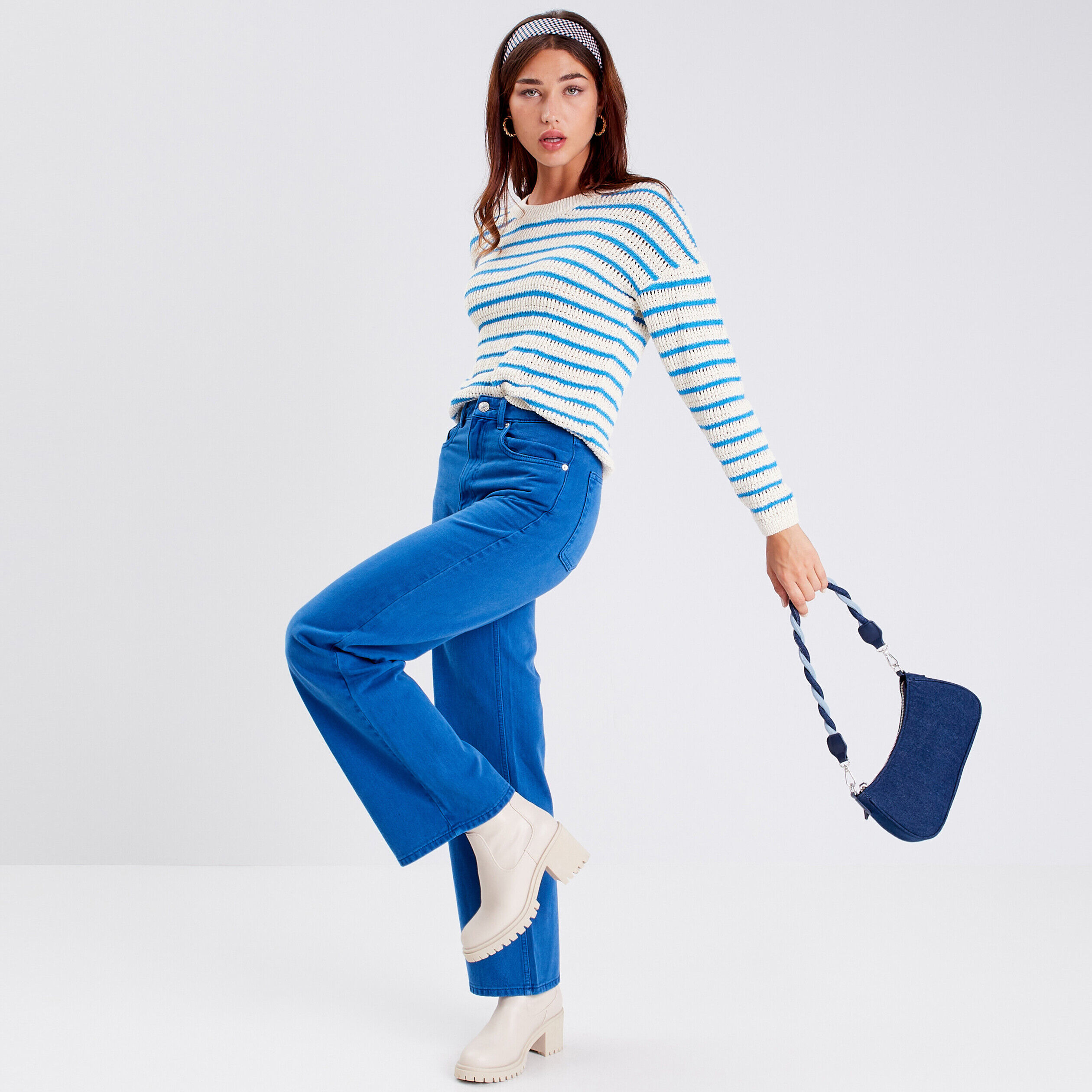 Pull manches longues ajouré bleu femme | Cache Cache