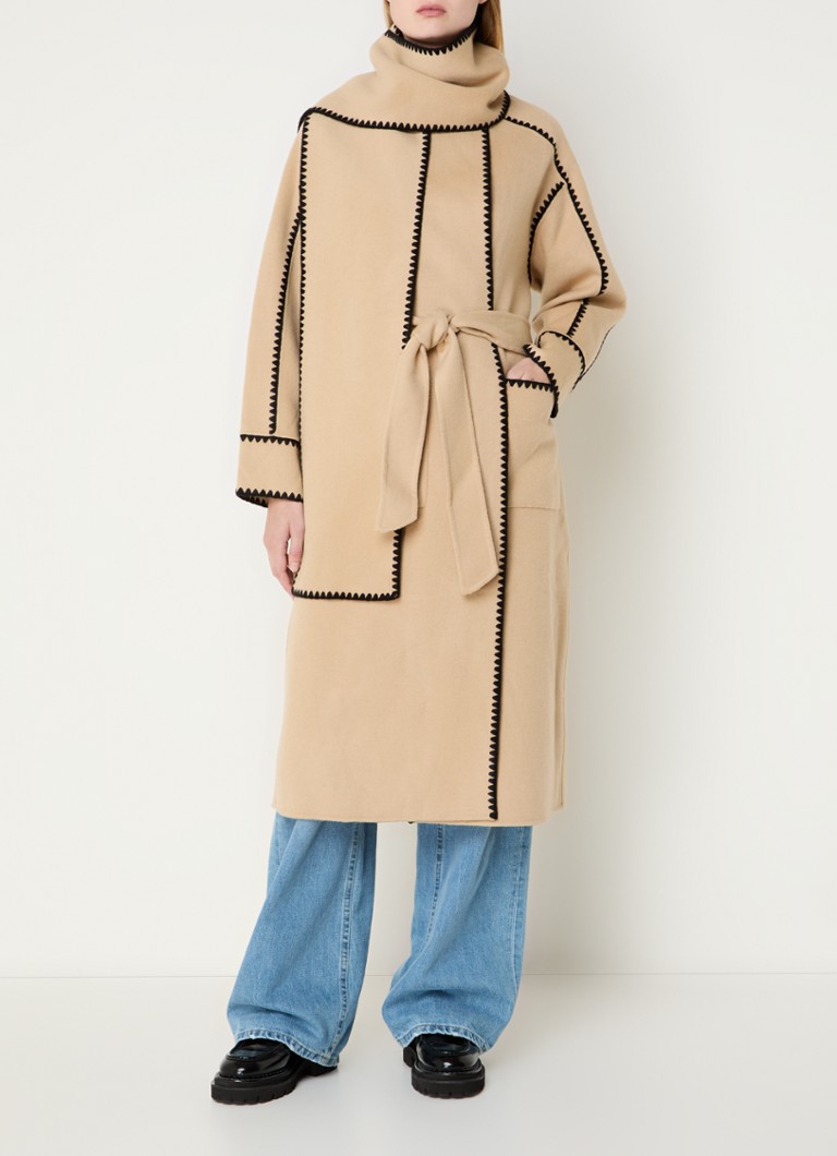 Maje coat in wool blend with bow belt and embroidery