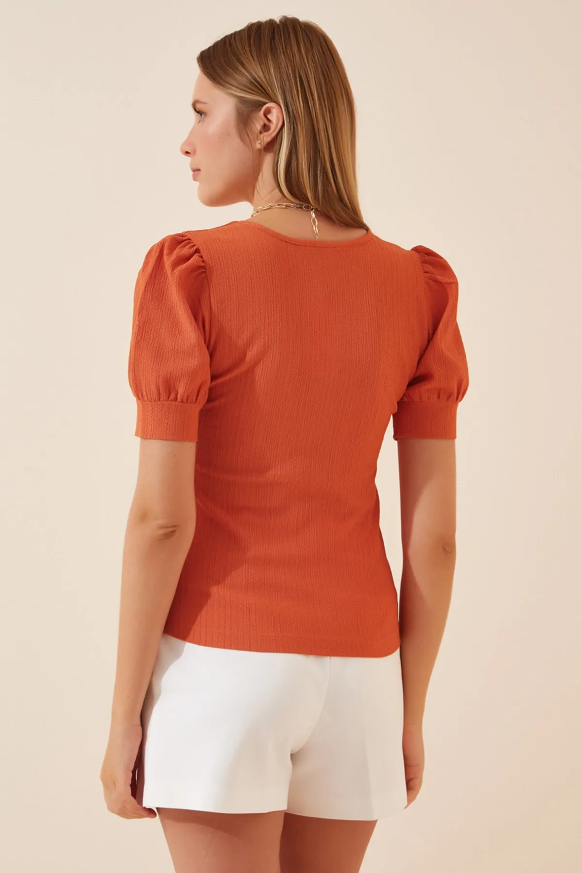 Happiness İstanbul  Damen-Strickbluse in Dunkelorange mit quadratischem Kragen und Ballonärmeln DD01051