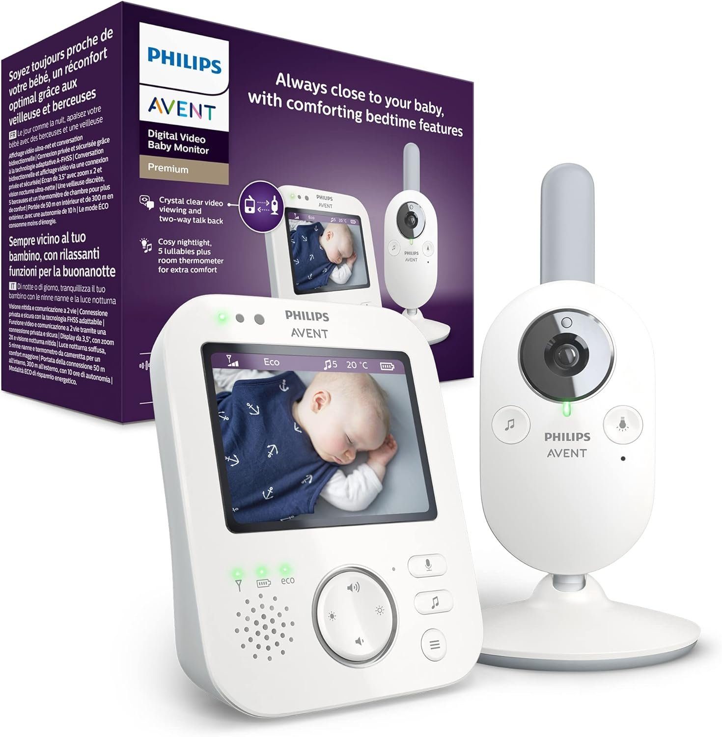 Philips Video-Babyphone Kinderkamera, Baby Kamera, Babyphone, FHSS-Technologie, Eco-Mode, Nachtsicht,300m Reichweite,Strahlungsarm, Audio-Überwachung, Mikrofon, Babykamera mit Monitor, Video Kamera, Halterung, Philips Avent, Babyphone mit kamera, Cam
