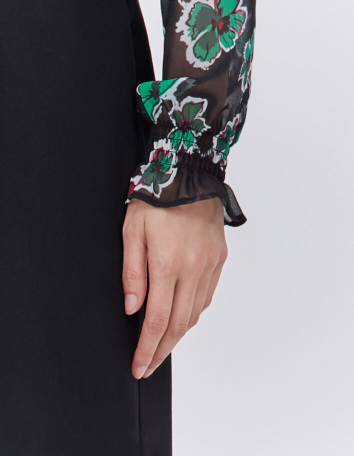 Blouse noire imprimé maxi floral à volants Femme