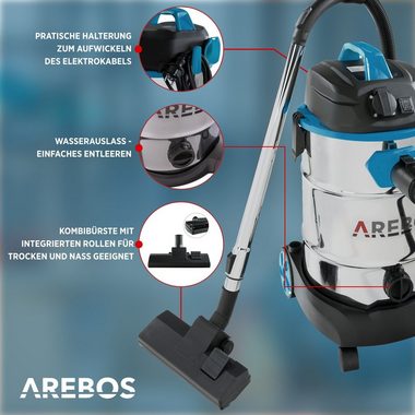 Arebos Industriesauger 1600W, Nass- & Trockensauger, Aschesauger für Kamin & Grill, 2600,00 W, mit und ohne Beutel nutzbar