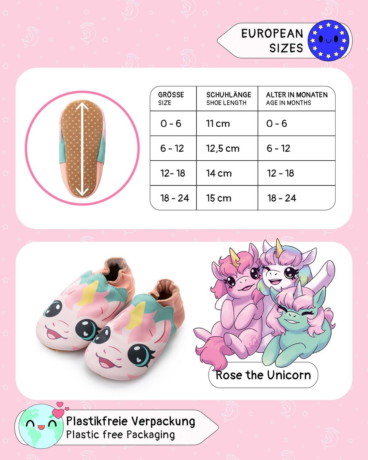 Corimori Baby-Schuhe Lauflernschuhe Krabbelschuhe Echt-Leder Mädchen Jungen Lauflernschuh (Packung) Süße Lauflernschuhe, Lederschuhe, Barfußschuhe, Einhorn, 12-18 Monate
