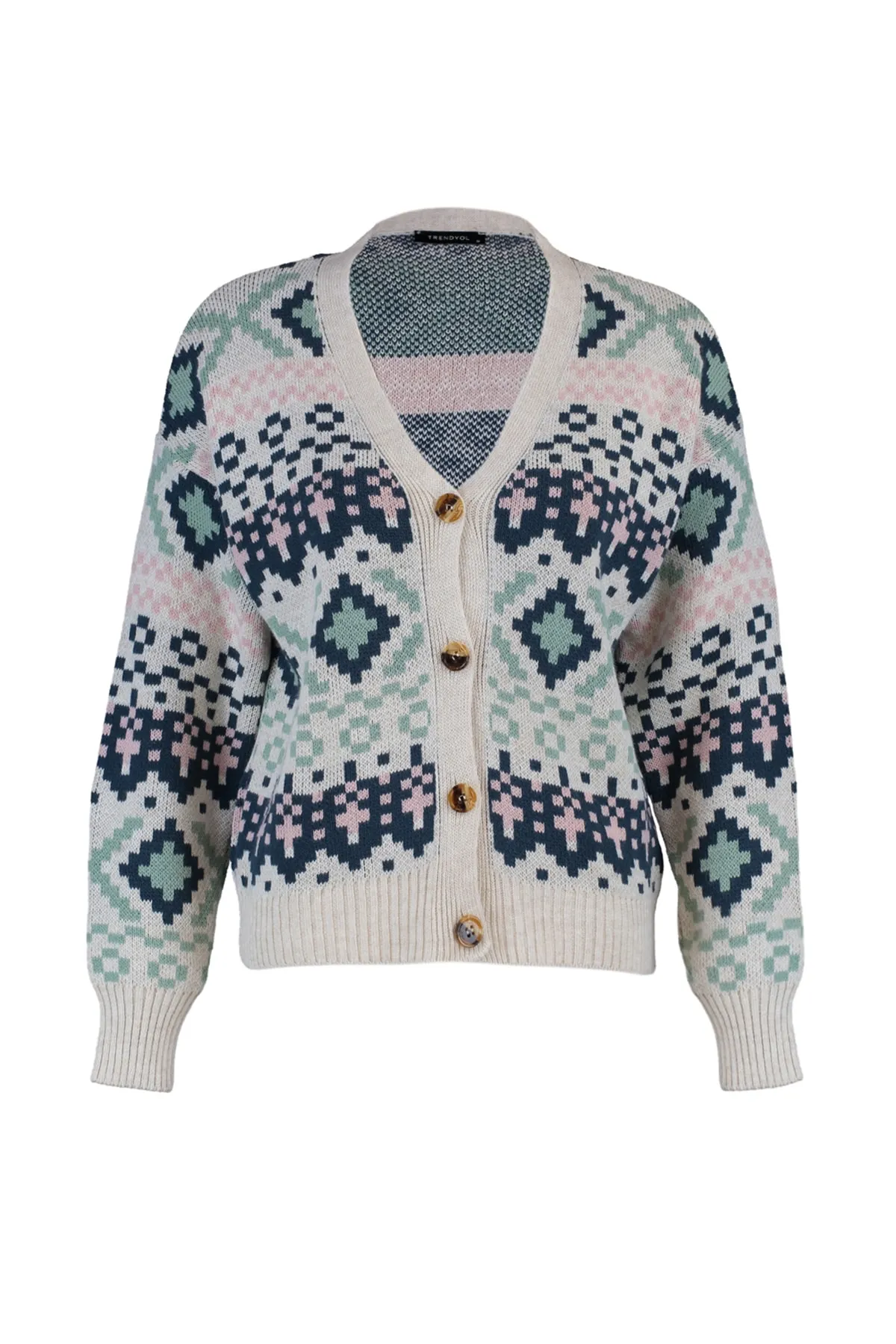 Trendyol Collection  Steinfarbene, gemusterte Strickjacke aus Strick TWOAW22HI0329