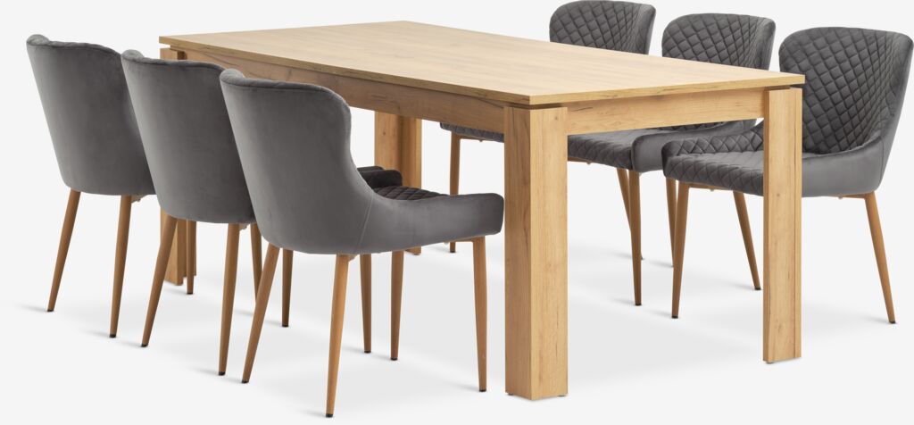 LINTRUP PEBRINGE LINTRUP L190/280 Eichentisch 4 PEBRINGE Stuhl grauer Samt