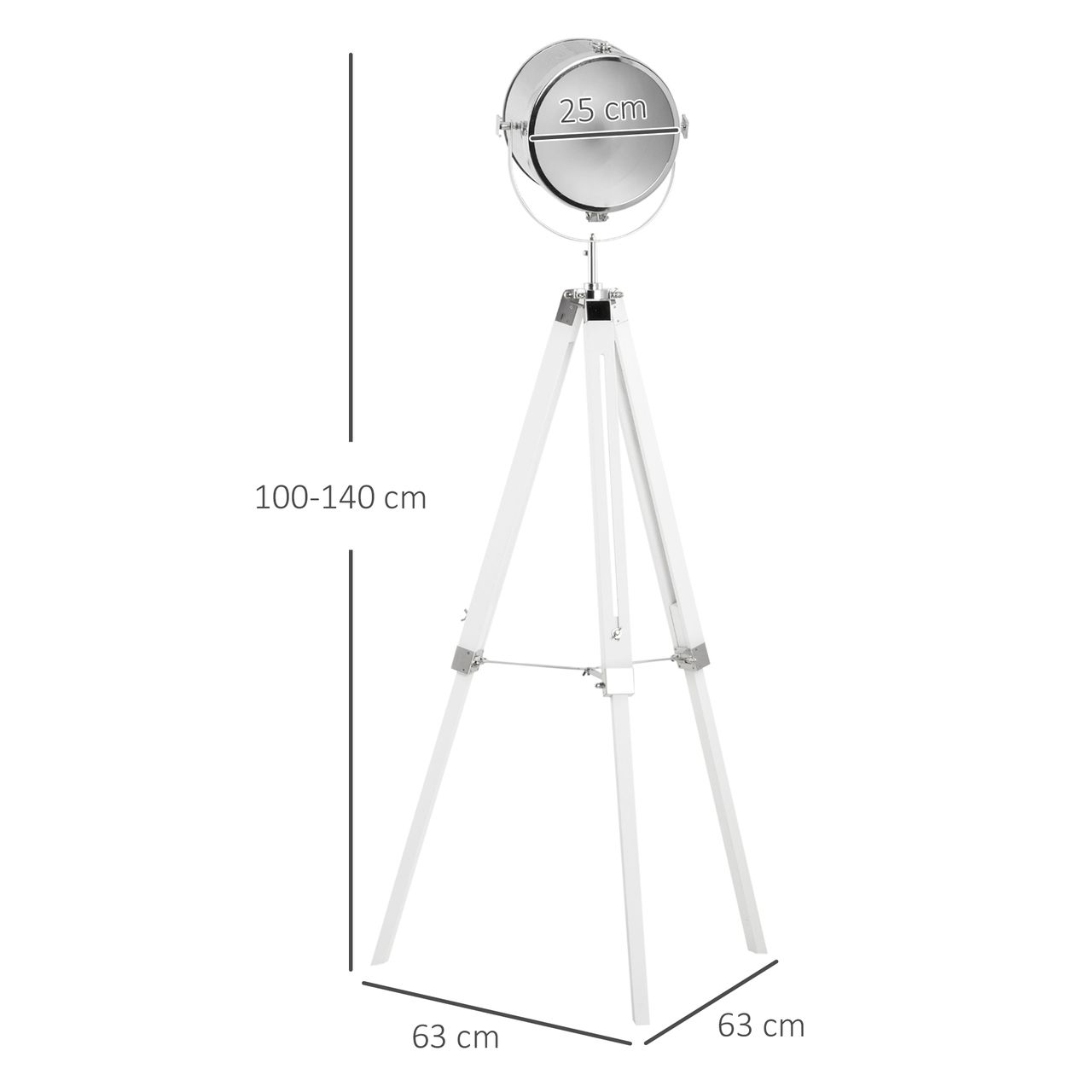 HOMCOM Stehlampe Stehleuchte mit Dreibein Stativ aus Holz 100-140 cm höhenverstellbar mit 180° Drehbarem Lampenkopf Caféleuchte Studiolampe Industrial Design Tripod Lampe 40W Weiß Stahl Kiefernholz