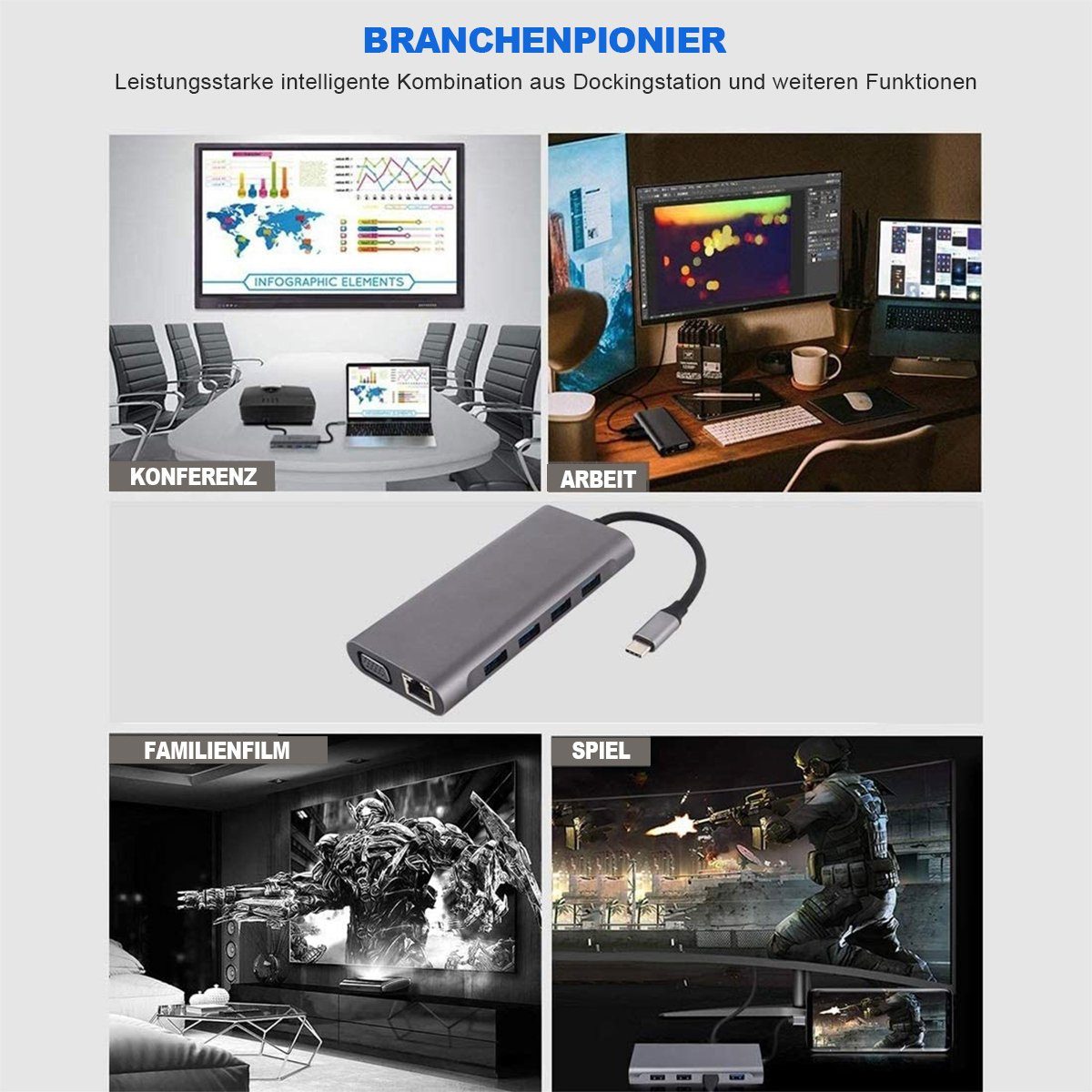 7Magic Laptop-Dockingstation USB C Docking Station Dual Monitor, 11 in 1 USB C Hub Adapter, 100 W Stromversorgung, 4K 30Hz HDMI, 1080P 60Hz VGA, 5Gbps USB 3.0