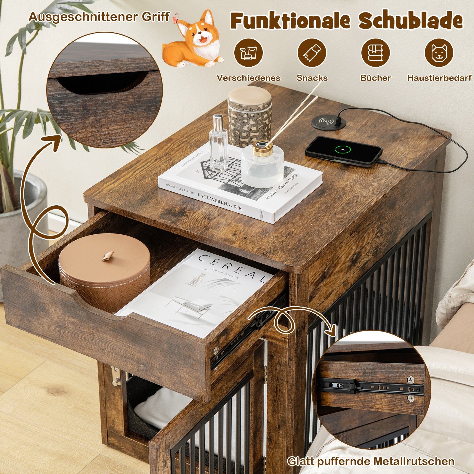COSTWAY Hundehütte Hundekäfig, mit Ladestation, für S Hunde