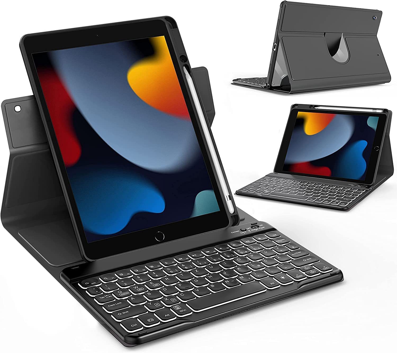 Tisoutec Tastatur Hülle für iPad 9./8./7.Generation,iPad 10,2 Tastatur iPad-Tastatur (Beleuchtete QWERTZ Bluetooth Tastatur Schutzhülle Stifthalter)