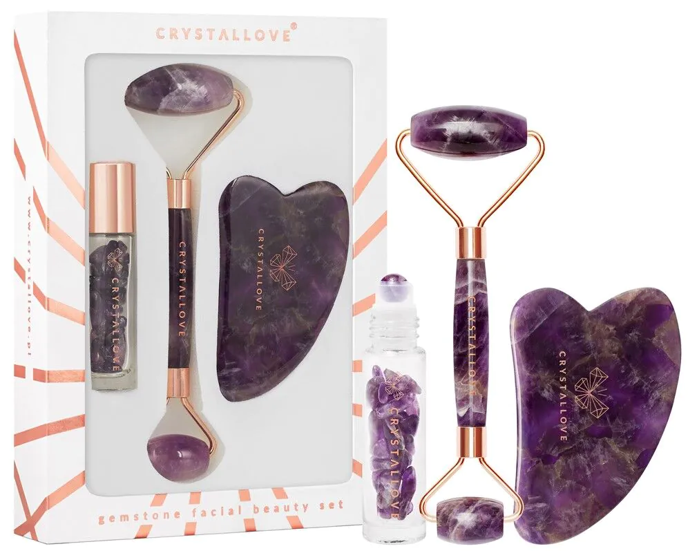 Crystallove Amethyst Beauty Set (Masažer za lice + Gua Sha ploča + Roll-On bočica)