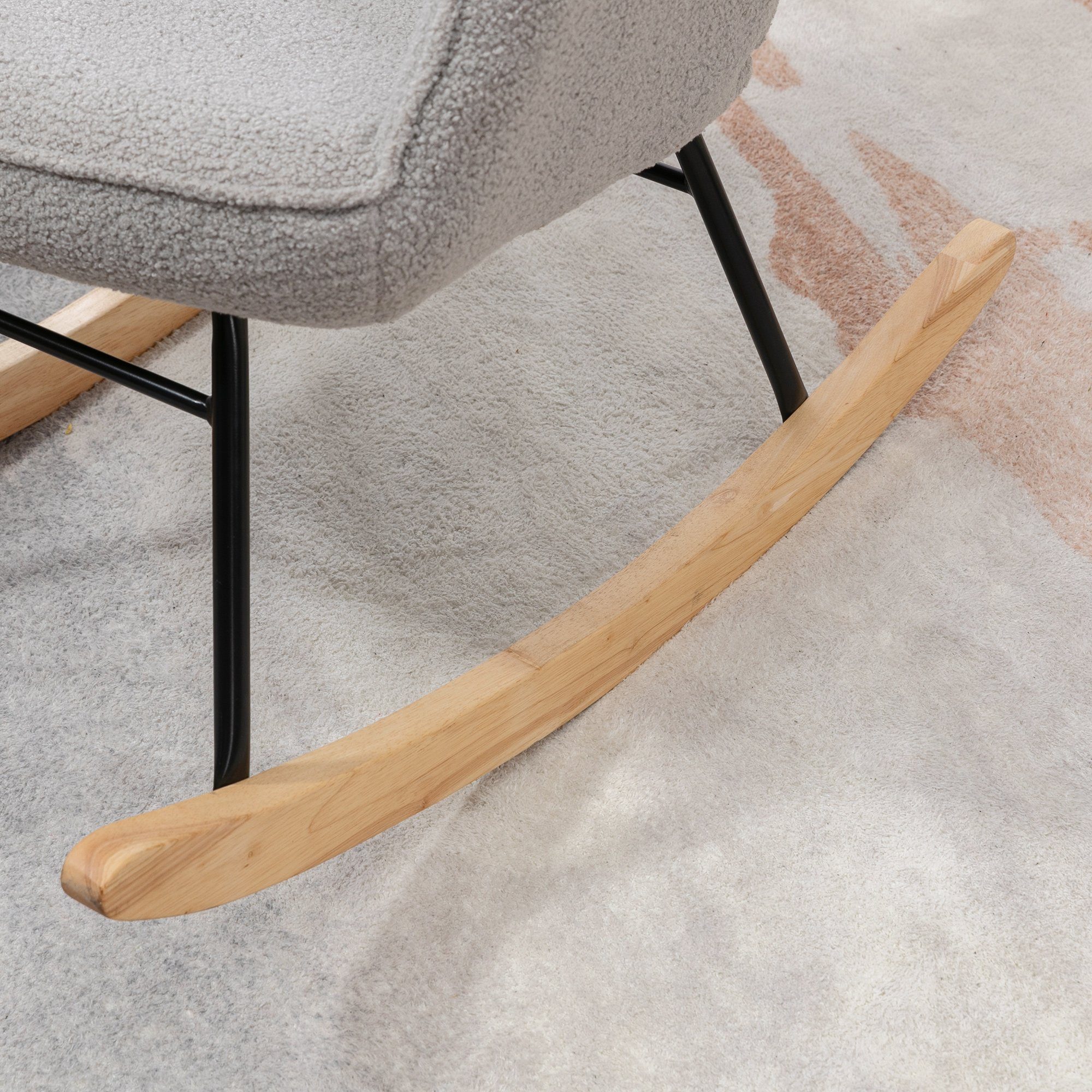 HOMCOM Schaukelstuhl Massivholz, Schwingsessel, 71 cm x 92 cm x 101 cm, Grau (Set, 1 St), Schaukelsessel, bis 120 kg, Berbervlies, Hellgrau