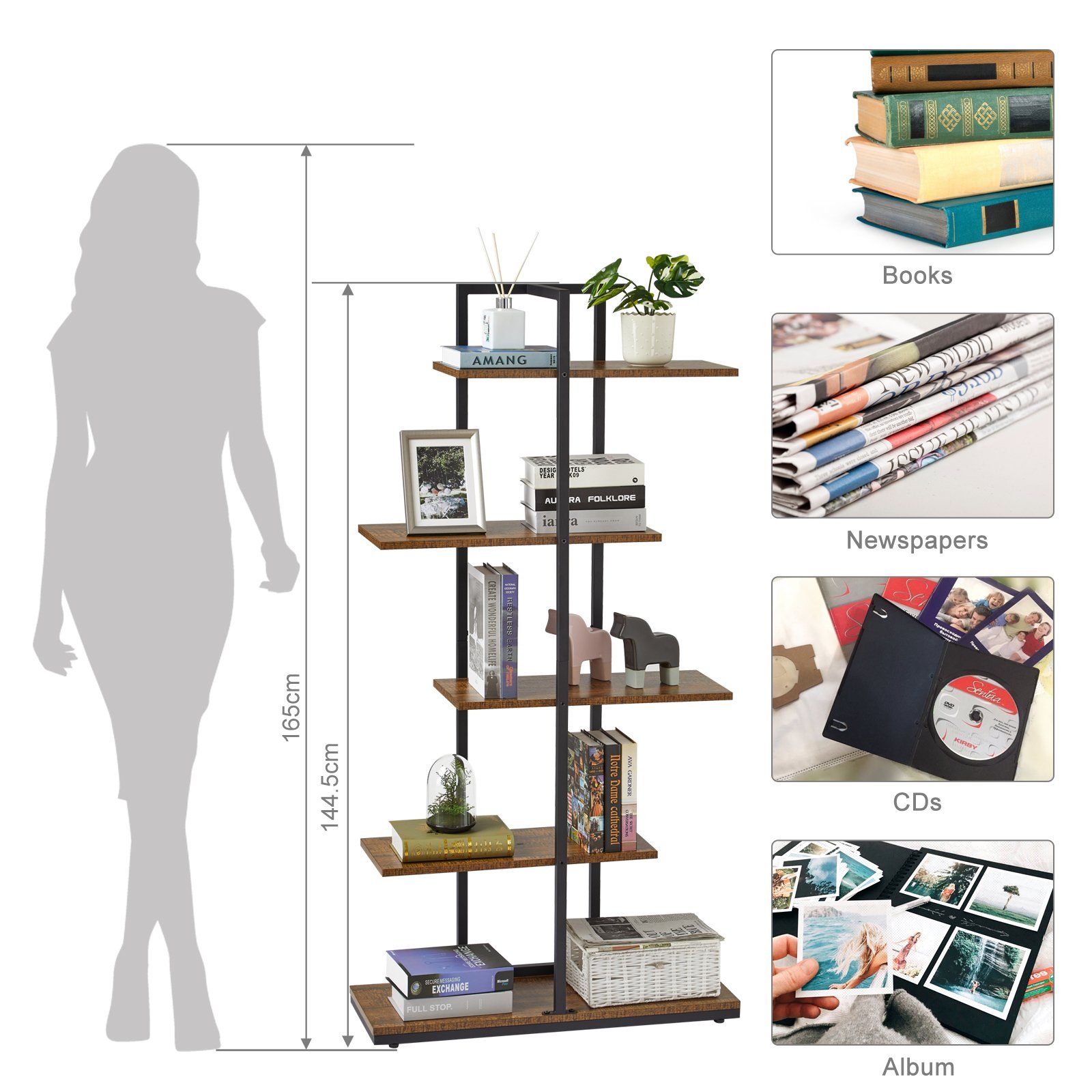 Mondeer Bücherregal Standregal, 5 lagiges asymmetrisches Split-Level Lagerregal, 74x28x144.5cm, Braun