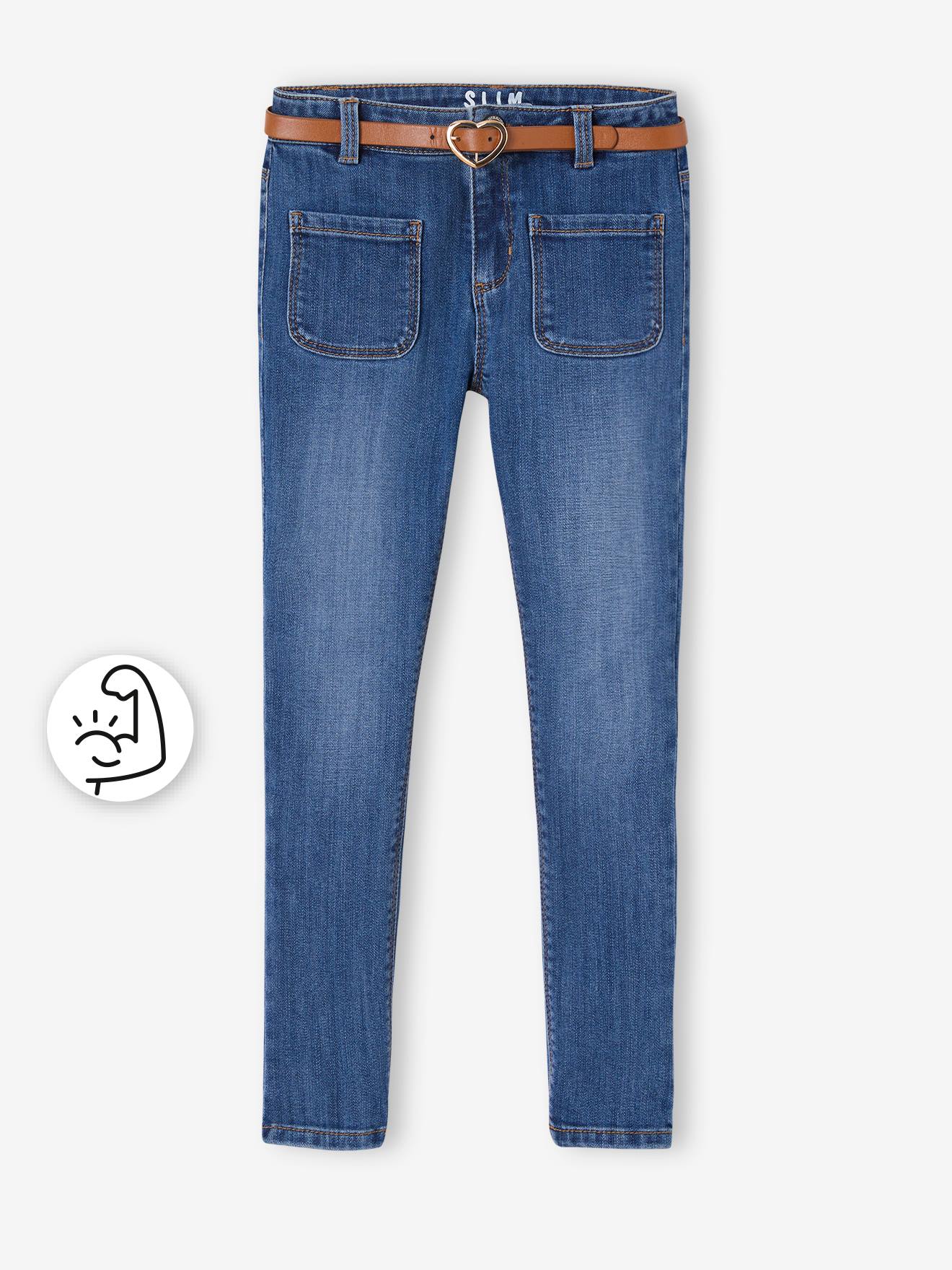 Jean slim indestructible fille et sa ceinture fantaisie gris
