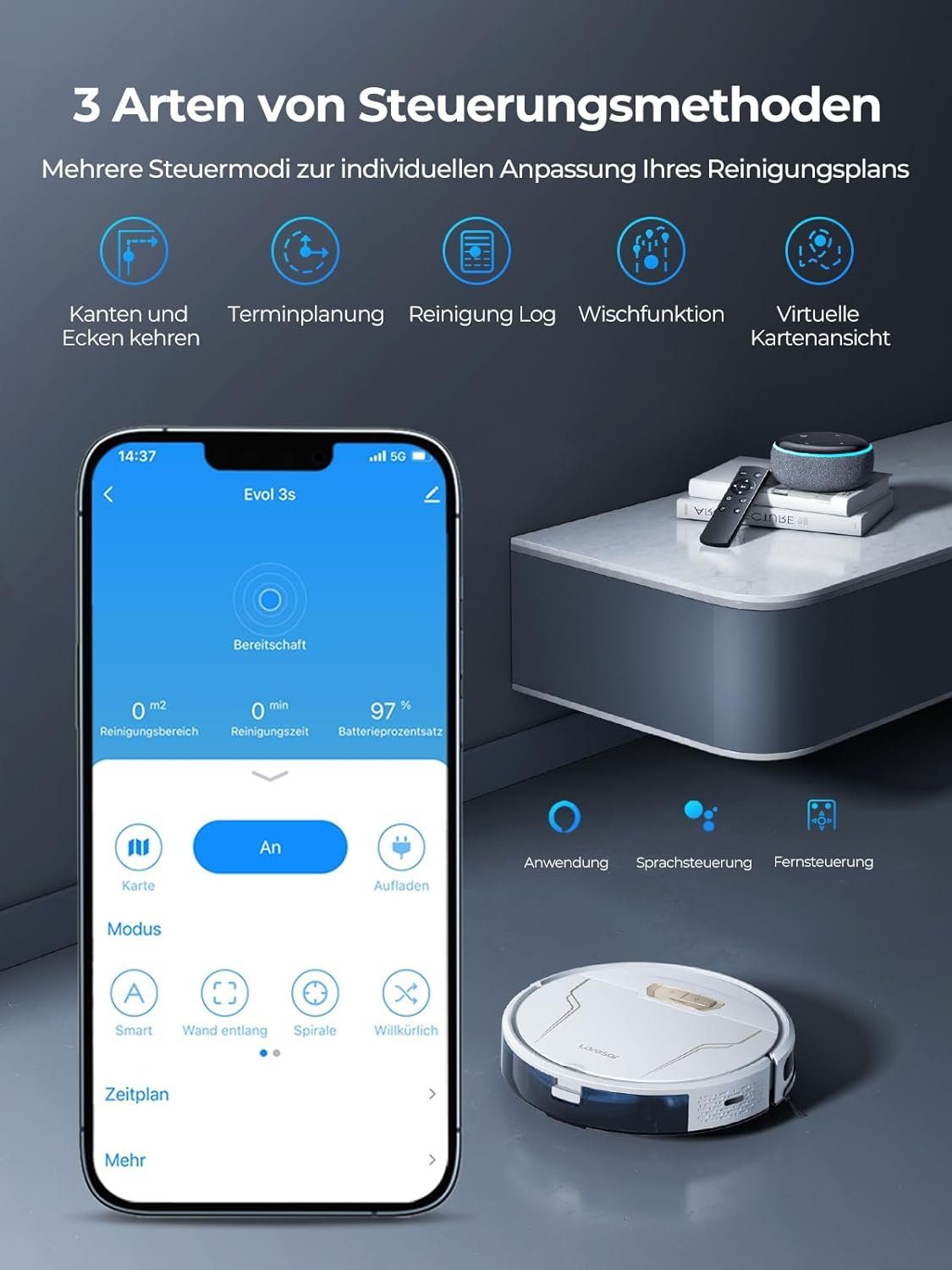Laresar Saugroboter, Saugroboter mit Wischfunktion, 4000Pa Staubsauger Roboter 150 Min Max, saugroboter ideal für Hartböden Tierhaare Teppiche, Intelligente App-Steuerung, Arbeit mit Alexa