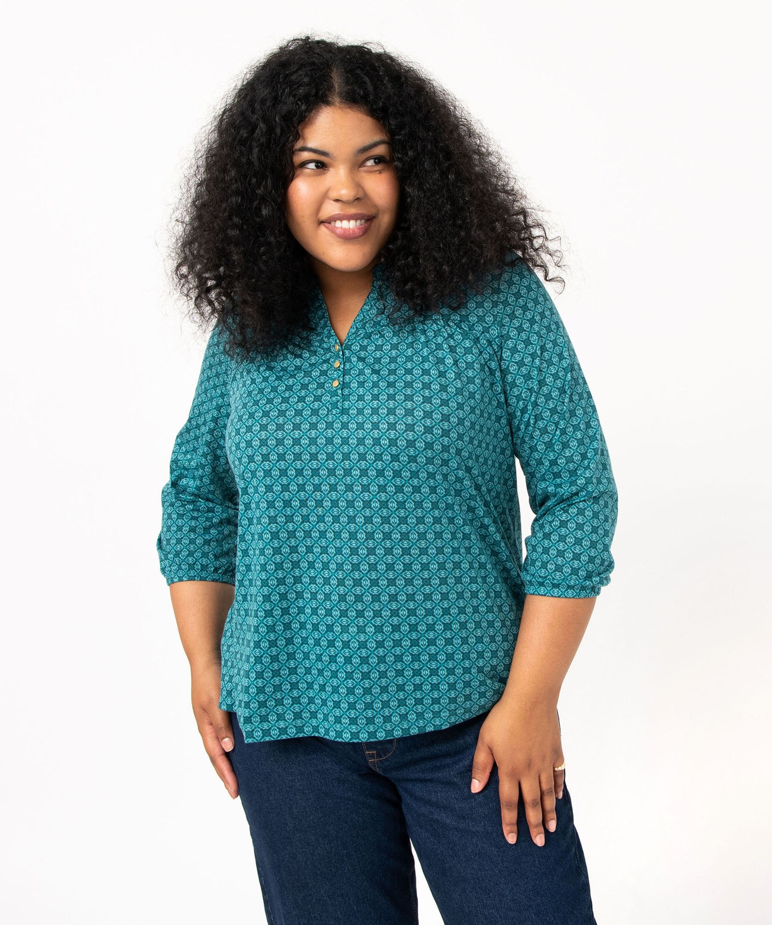 Tee-shirt femme grande taille à manches 3/4 imprimé bleu | GEMO