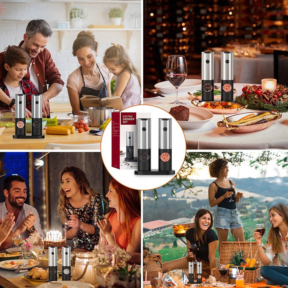 AKKEE Pfeffermühle Salz und Pfeffermühle Elektrisch mit Basis,Wiederaufladbare USB Elektrische Salz und Pfeffermühlen Set, (1 Stück), LED-Licht,Edelstahl-Einhand-Küchenhelfermühle