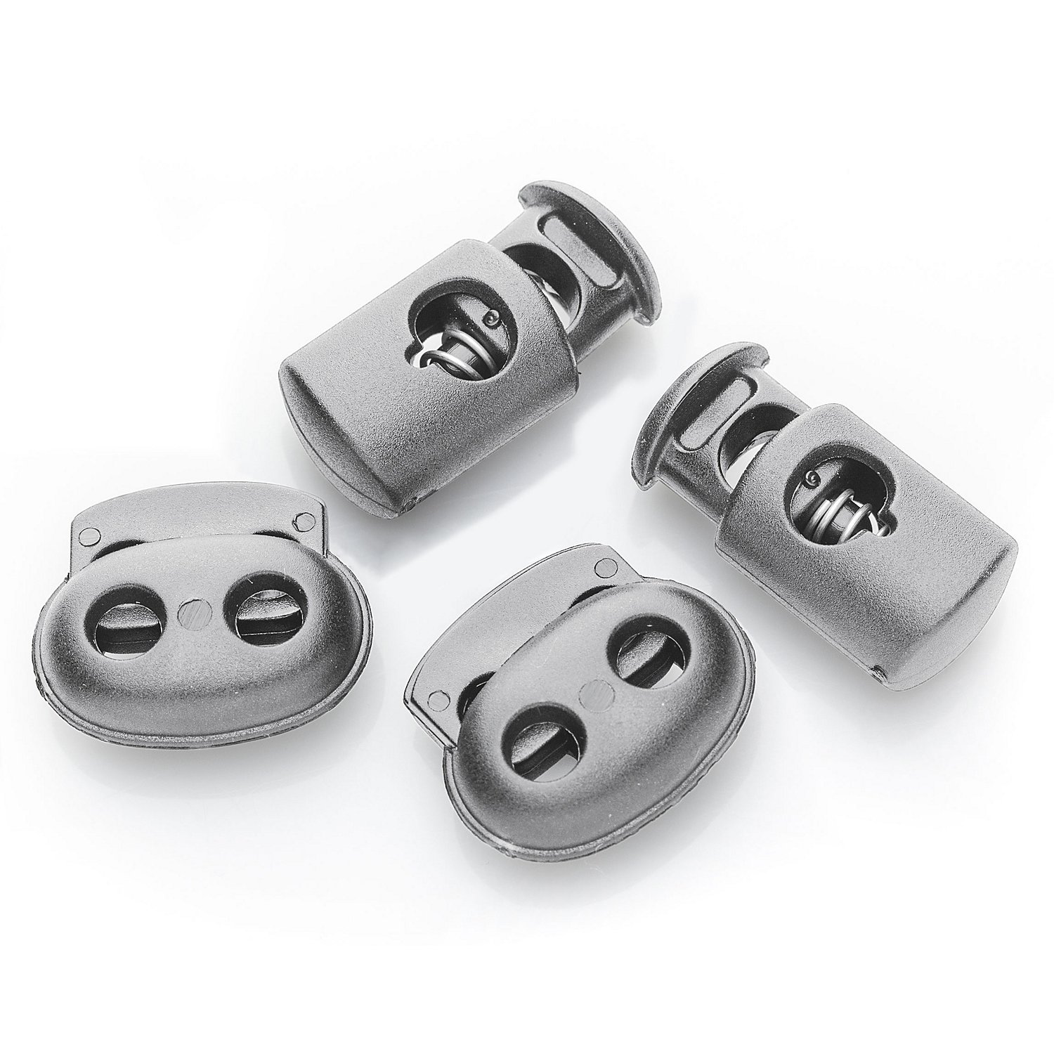 buttinette Kordelstopper-Set, grau, für Kordeln bis 5 mm Ø und 6 mm Ø, Inhalt: 4 Stück