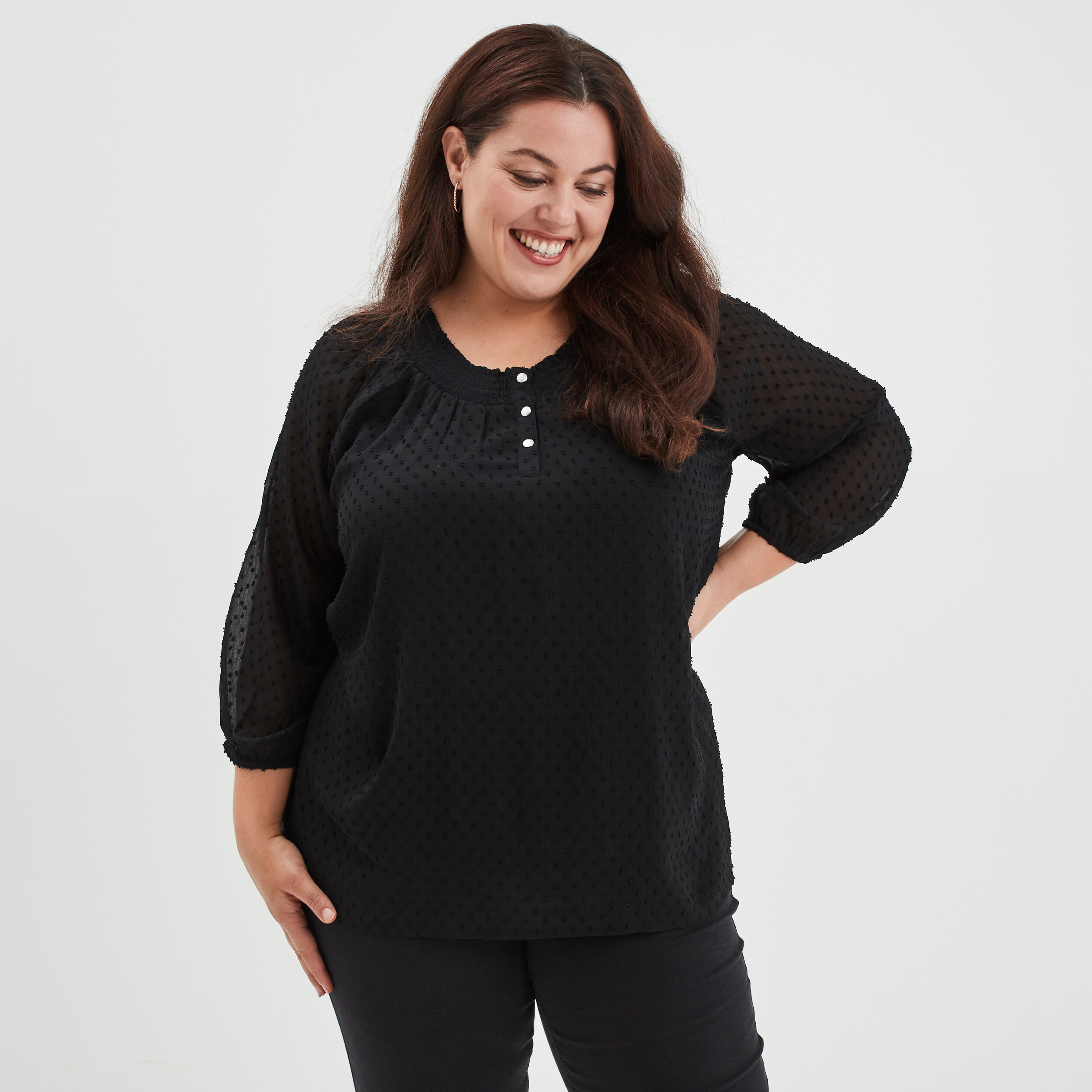 Blouse plumetis manches 3 4 noir femme grande taille | La Halle