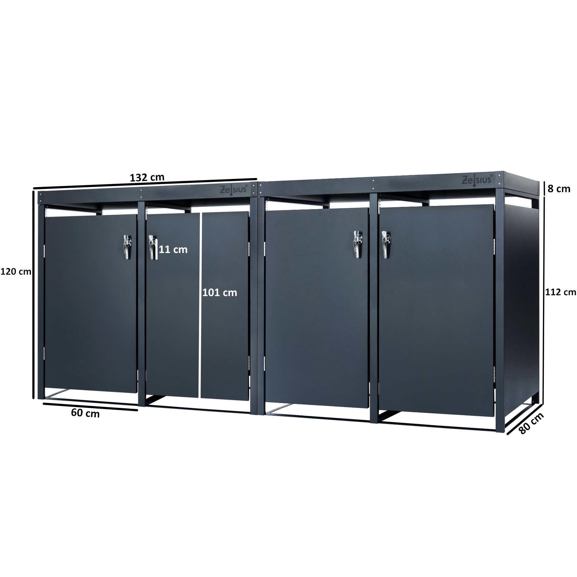 Zelsius Mülltonnenbox Mülltonnenbox mit Pflanzdach für vier 120 - 240 Liter Mülltonnen (2 Doppelboxen, 2 Doppelboxen), Abschließbare Tür