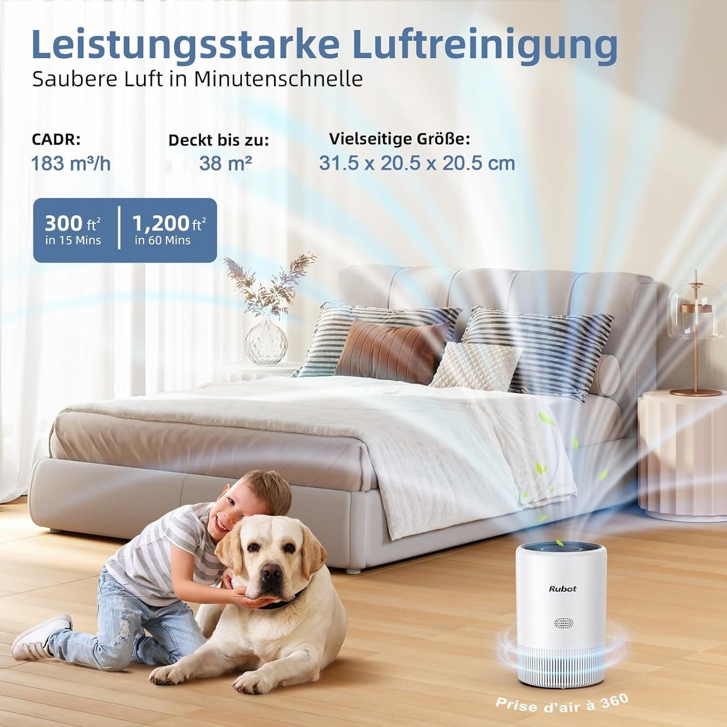 Rubot Luftreiniger, für 38 m² Räume, Allergiker mit H13 HEPA Luftfilter Gegen Schimmel Staub CADR 183m³/h