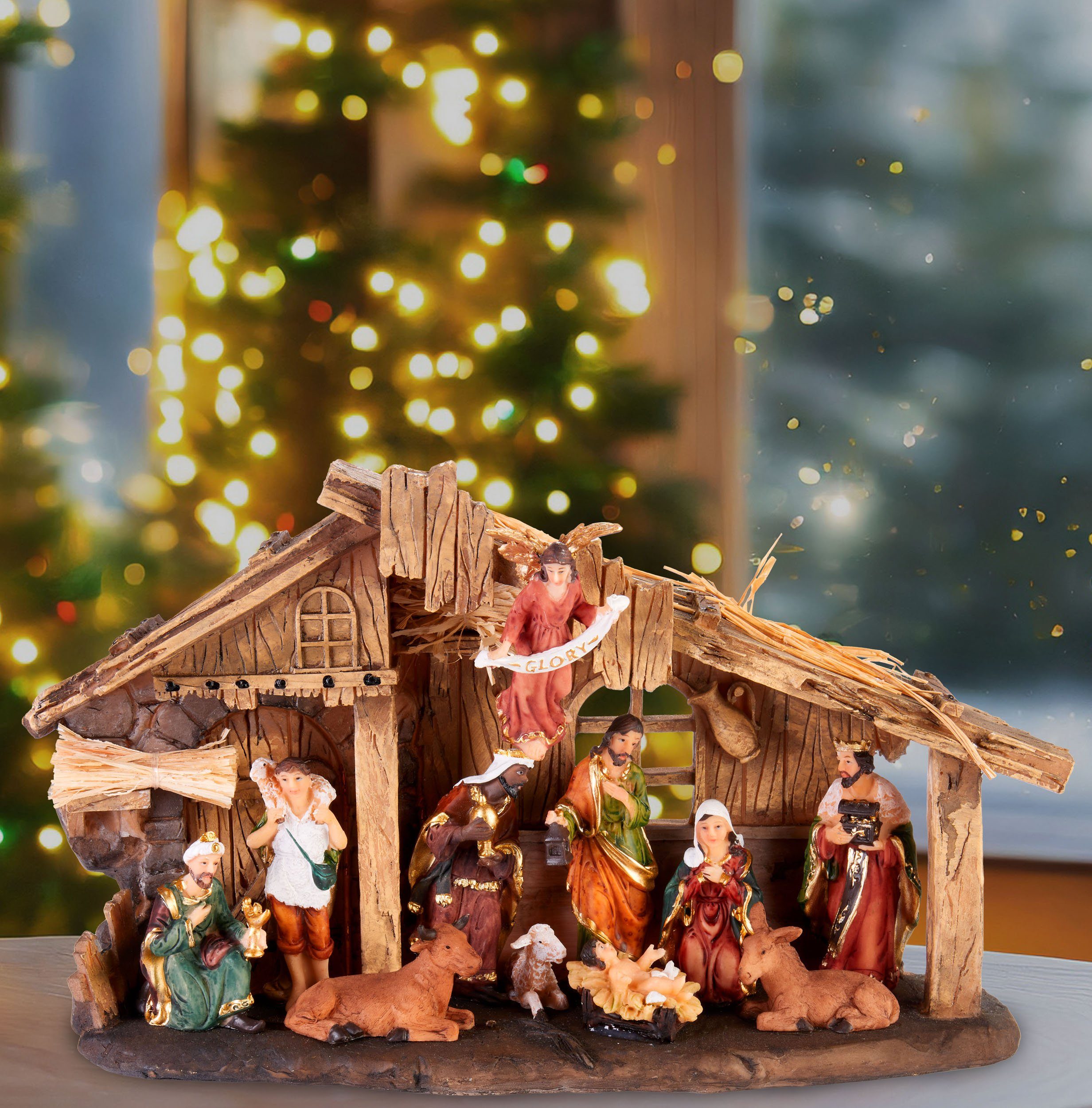 BRUBAKER Krippenfigur Weihnachtskrippe - 32 cm Krippenset mit 11 handbemalten Figuren (Weihnachtsfigur Krippe, 1 St), aus Harz - Tischdekoration Weihnachten - Weihnachtsdekoration Skulptur