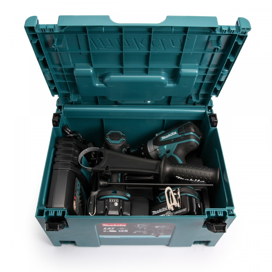 Juego combinado Makita DLX2145TJ: taladro de impacto inalámbrico DHP458 de 18 V y 5,0 Ah con batería de iones de litio + atornillador de impacto DTD152 en caja M-Box.