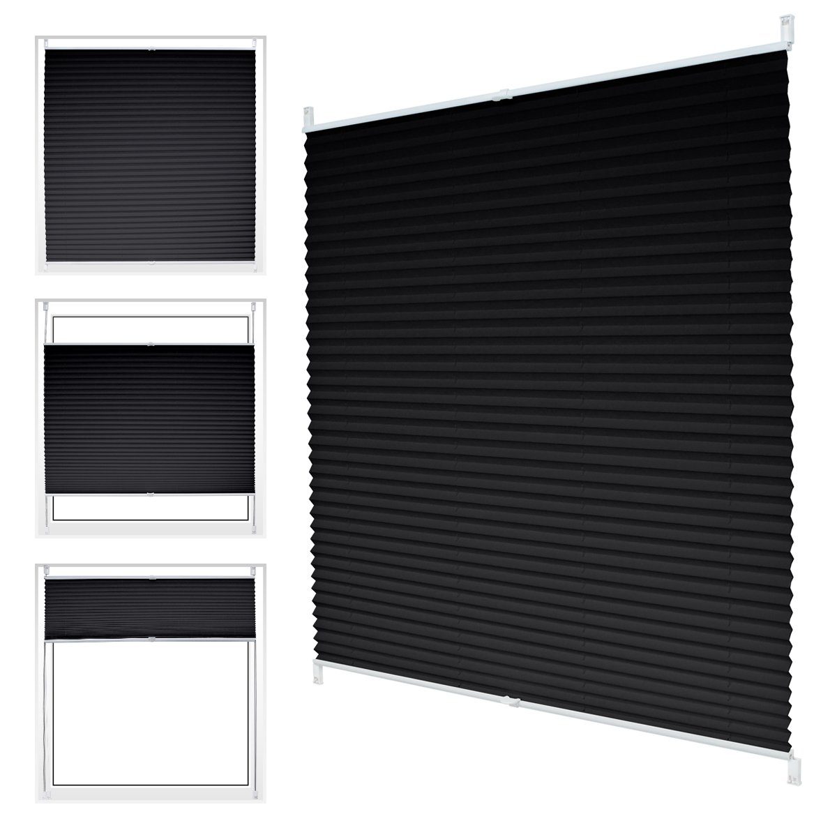 Plissee schwarz, 65x150 cm, inkl. Befestigungsmaterial, ECD Germany, Klemmfix, Klemmfix ohne Bohren 65x150cm Schwarz mit Klemmträger EasyFix