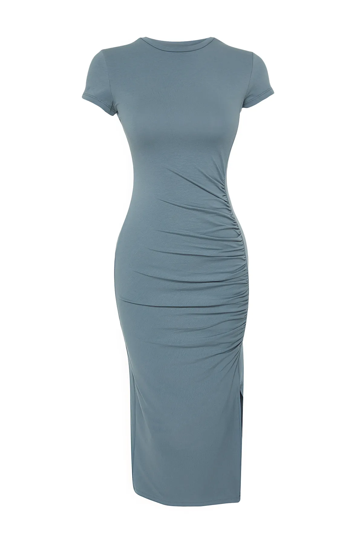 Trendyol Collection  Helles Anthrazit, tailliertes/tailliertes Midi-Baumwoll-Stretch-Strickkleid mit Raffung und Schlitz TWOSS23EL00777