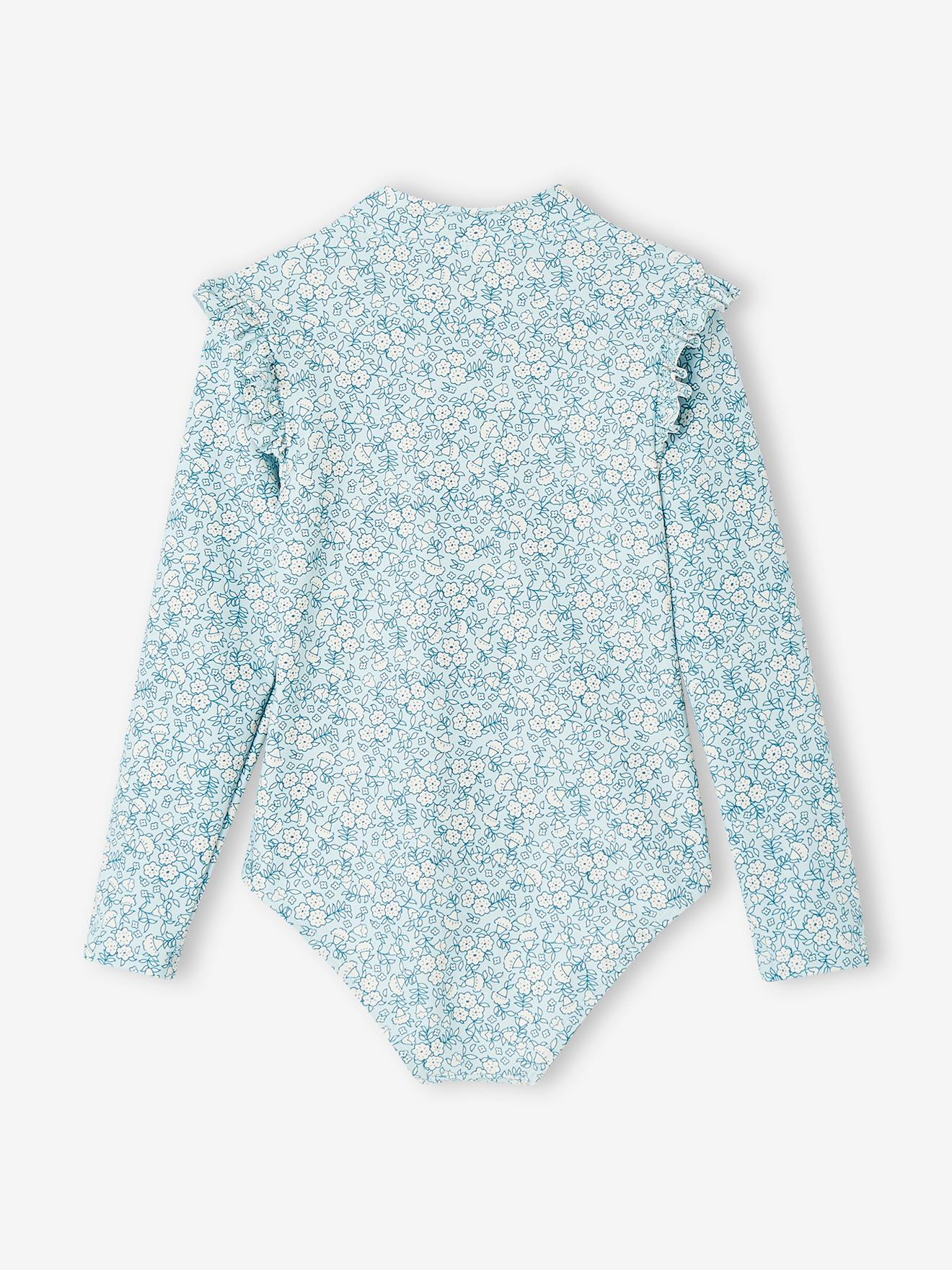 Vertbaudet Langärmeliger Mädchen Badeanzug mit UV-Schutz Oeko-Tex - graublau
